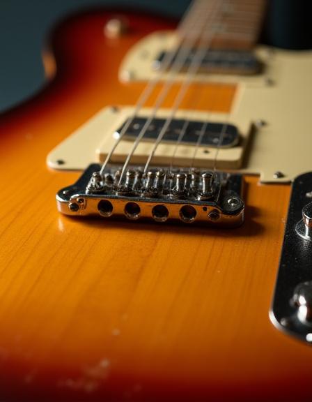 A close-up of a sunburst vintage electric guitar.